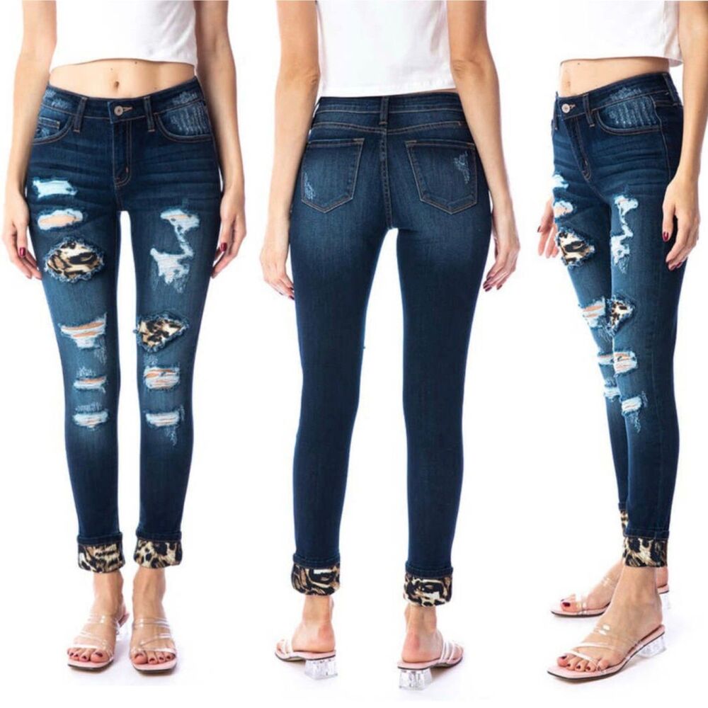 KanCan Animal Print Patch Distressed Skinny Jeans Blue 25